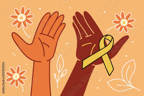 Supporting awareness and hope: ribbon held by hands