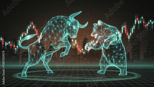 Stock Market Showdown: Digital depictions of a bullish bull and a bearish bear collide on a stock market chart background, embodying the volatility of financial markets.