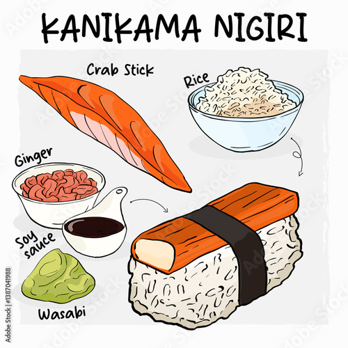 Kanikama Nigiri Sushi Illustration Recipe with Ingredients