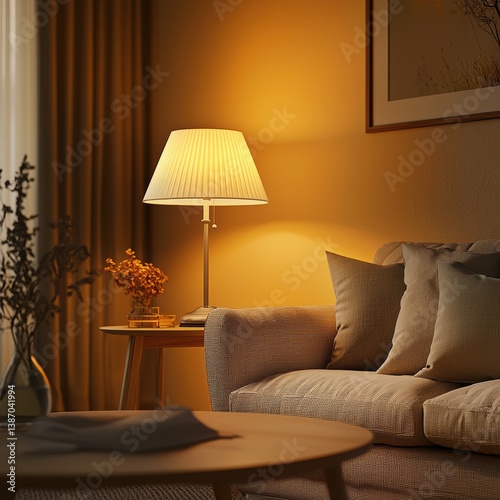 Cozy Living Room with Warm Lamplight and Comfortable Sofa