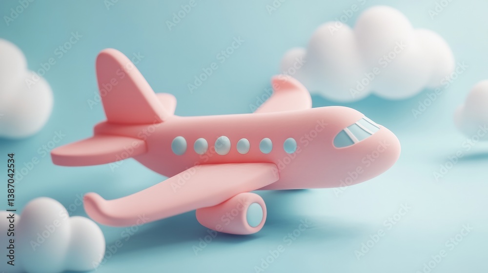 Fototapeta premium Playful 3D clay style airplane with cartoon passengers flying through stylized clouds representing family travel adventure with cheerful characters enjoying flight across blue sky vacation concept