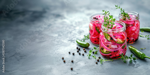 Spicy Pickled Onions and Jalapeños in Glass Jars with Herbs