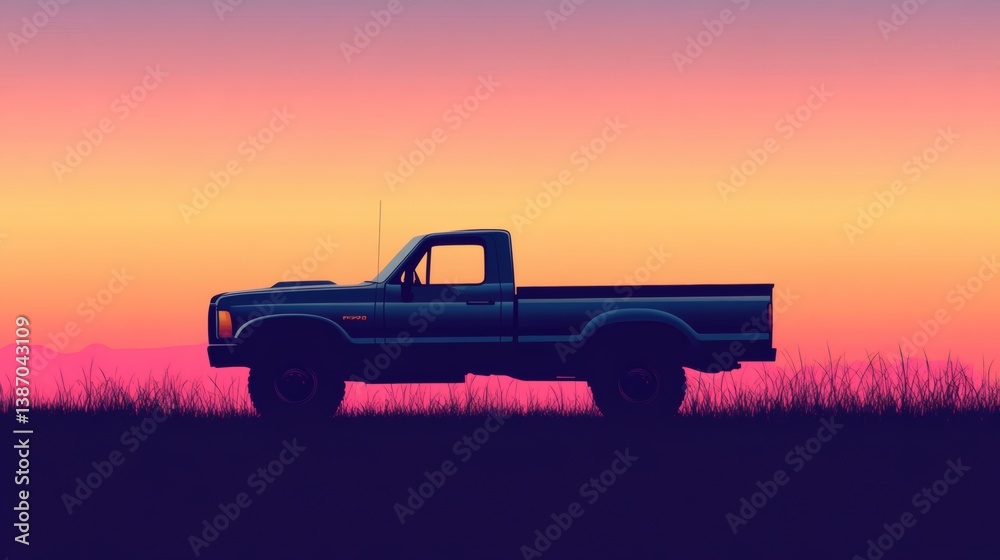 Classic pickup truck silhouette at sunset in a field. Classic pickup truck silhouette at sunset in a field.