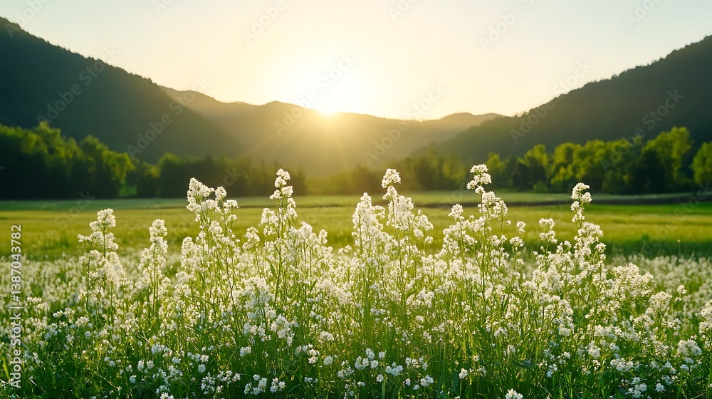 Naklejka premium Sunset Meadow Bliss White Flowers in Golden Light