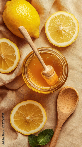 Jar of Honey with Fresh Lemons and Mint on a Rustic Fabric