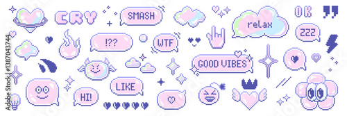 Pixel art speech bubble and element asset pack. Retro pastel aesthetics dialogue box and retro game style vector illustration. Y2k 8-bit pixelated icon set.