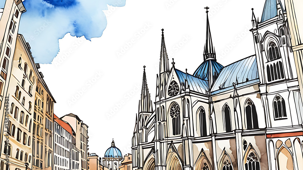 Obraz premium Architectural sketch of city buildings and church featuring watercolor style
