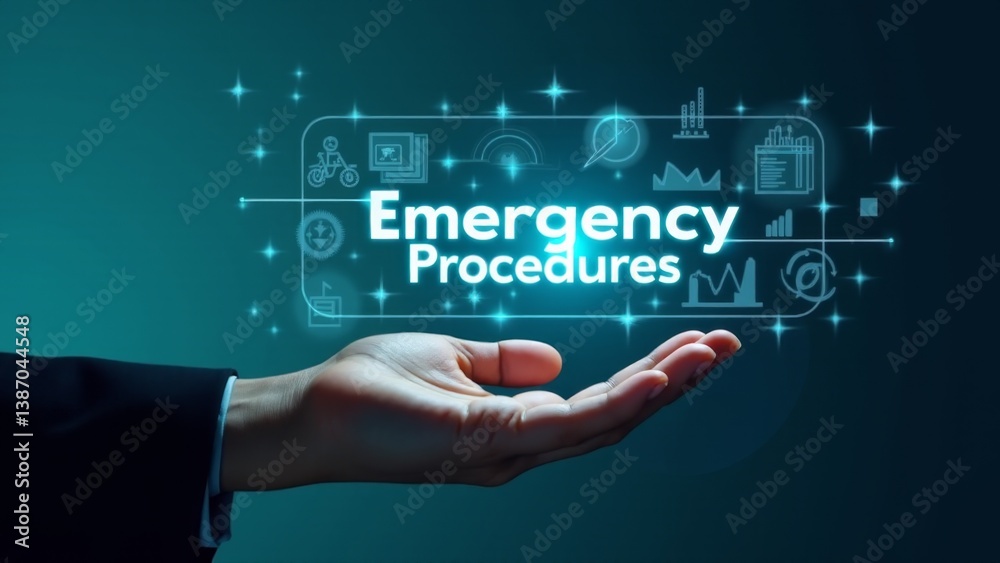 Hand Presenting Emergency Procedures Hologram Display Hand Presenting Emergency Procedures Hologram Display