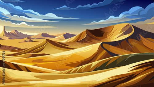 A panoramic view of high and low sand dunes with strong light contrast and dramatic curves.