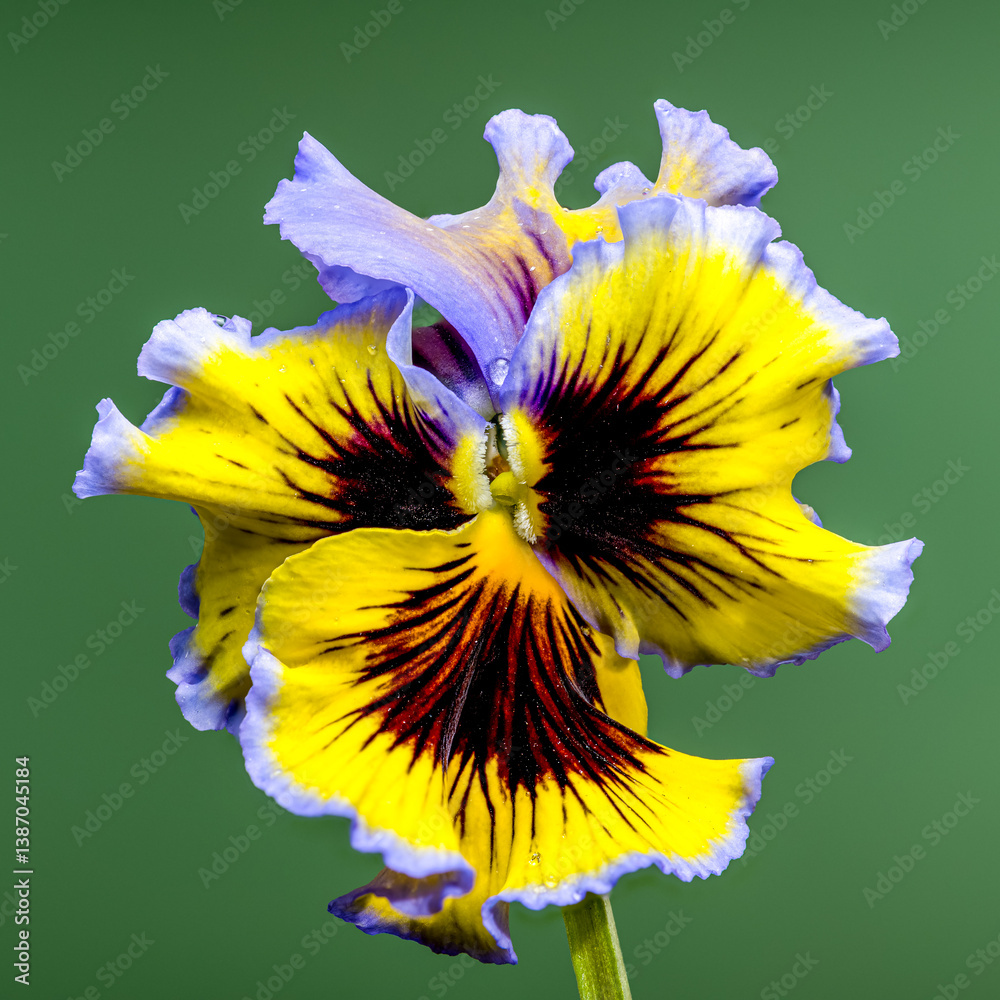 Ruffled Yellow and Purple Pansy Flower green background