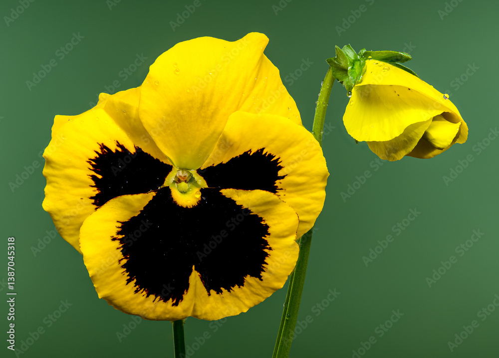 Vibrant Yellow Pansy Flower with Dark Center green background