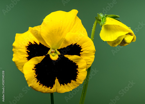 Obraz na płótnie Vibrant Yellow Pansy Flower with Dark Center green background w salonie