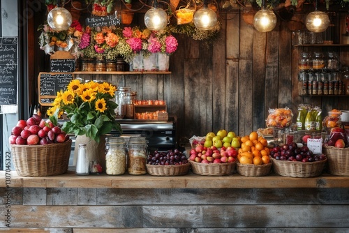 Rustic Fruit and Flower Market Stall with Fresh Produce Display