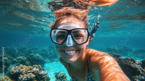 Underwater adventure, Smiling woman exploring coral reefs while snorkeling