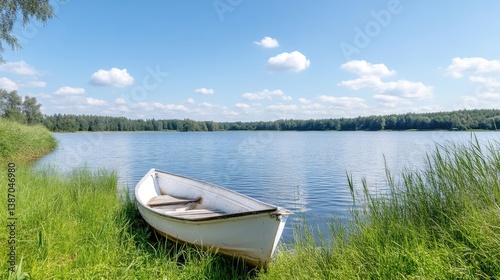 Tranquil lake scene with a white rowboat.  A serene lake, fringed by lush green grass and reeds, is the focal point of this landscape. A simple white rowboat rests on the shoreline,