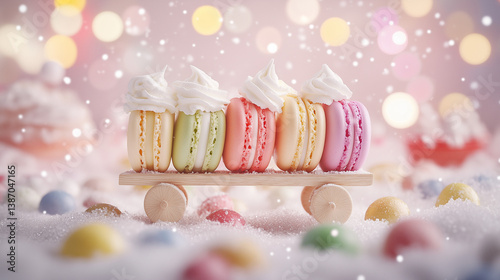 Pastel Macarons on Wooden Cart with Fairy Lights. An enchanting display of pastel-colored macarons, adorned with white cream, delicately arranged on a small wooden cart amidst a soft, snowy, or sugare