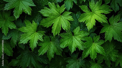 Lush Green Leaves with Raindrops on Dark Background for Nature Design