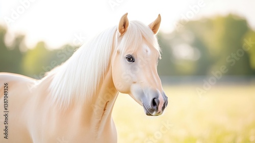 A palomino horse, with a flowing white mane and tail, is featured in a close-up shot. The horses head and shoulders are visible against a softly blurred background of green pasture and trees. The im