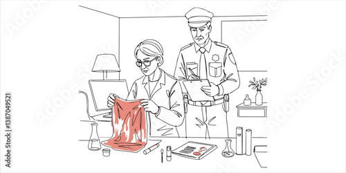 A forensic expert and a police officer meticulously examine the crime scene within the victim's apartment, carefully analyzing confidential evidence to uncover crucial details. As they assess the find