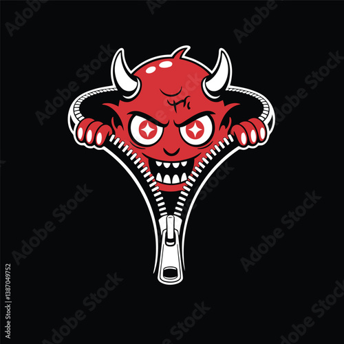 A fierce red devil character emerging from a zipper with glowing eyes and sharp teeth, adding a bold and edgy touch to the design, perfect for alternative fashion, punk, or streetwear themes.