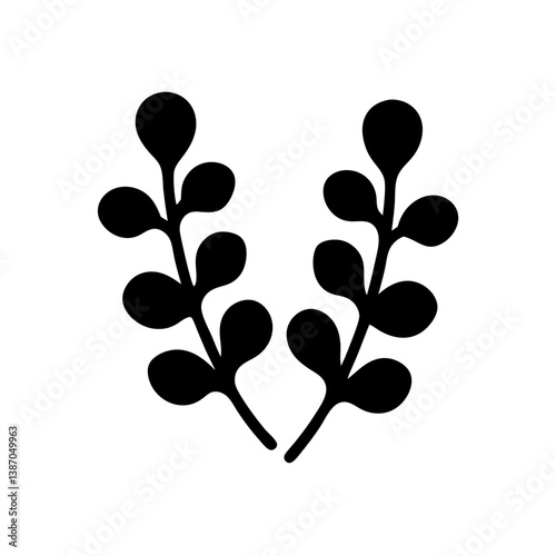Two stylized black sprigs of leaves forming a gentle V-shape, simple elegant botanical design in bold silhouette. photo