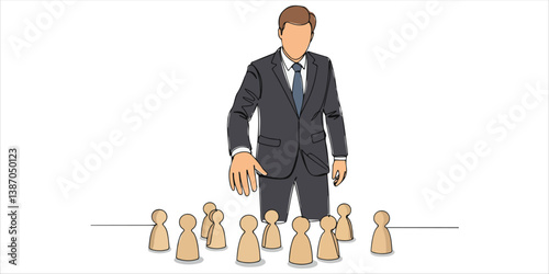 A businessman carefully shields a group of wooden figures representing people, symbolizing protection, leadership, and responsibility. His gesture reflects the importance of safeguarding
