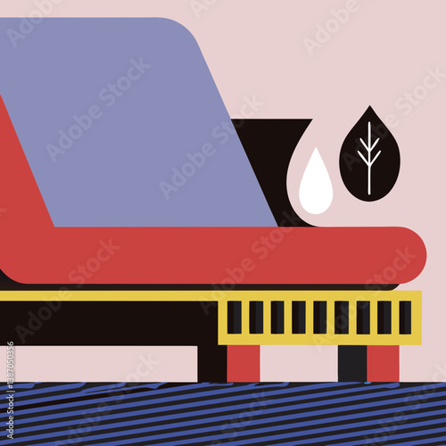 A serene moment captured in bold geometric shapes, featuring a minimalist lounge chair and a simple plant motif against a muted background.