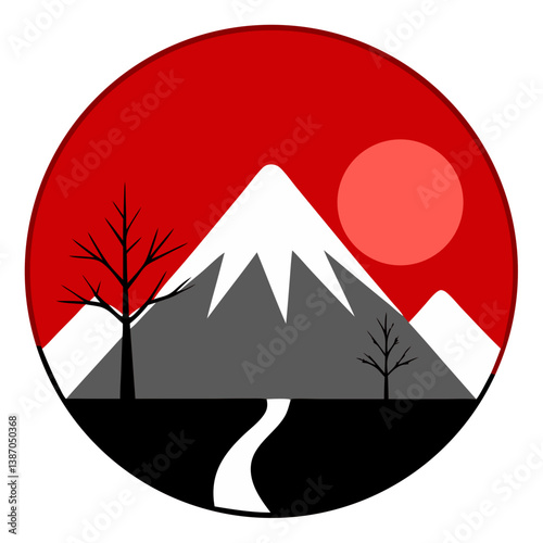 A serene mountain path winding towards a majestic snow-capped peak under a vibrant red sunset, simplified minimalist design with bold colors.