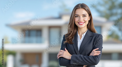 A smiling female realtor in business clothes stands with her arms crossed near a modern private cottage ready for sale. Real estate and business