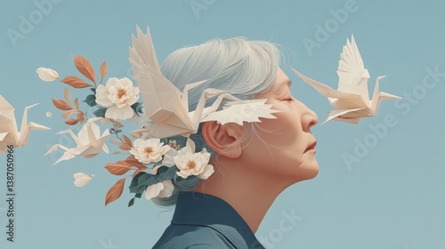 Elderly woman with a serene expression, her head surrounded by flying white birds, symbolizing the concept of dementia and the loss of memory. Concept of mental decline and fragility.
