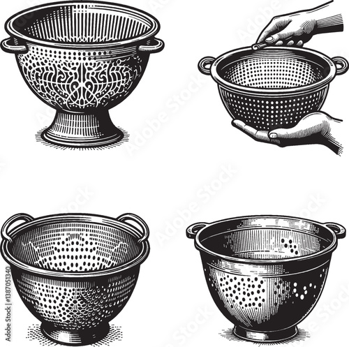 Stock photos show stainless steel colander and a set of stainless steel pots