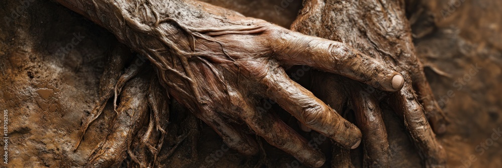 Entwined hands sculpted from the earth, an allegorical representation of earthly bonds Entwined hands sculpted from the earth, an allegorical representation of earthly bonds