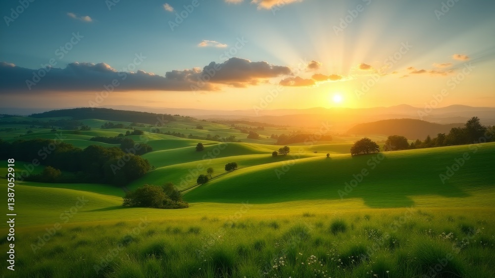 Fototapeta premium Idyllic Green Hills During Sunset Glow