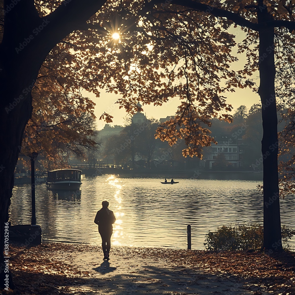 Fototapeta premium Autumn Stroll by Lakeside Path