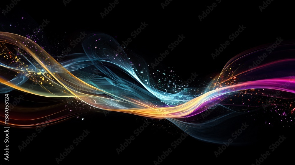 Elegant Abstract Wavy Lines with Glittering Particles on Dark Background Elegant Abstract Wavy Lines with Glittering Particles on Dark Background