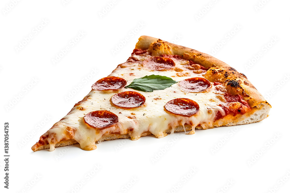 Pizza slice with melted cheese isolated on white background Pizza slice with melted cheese isolated on white background