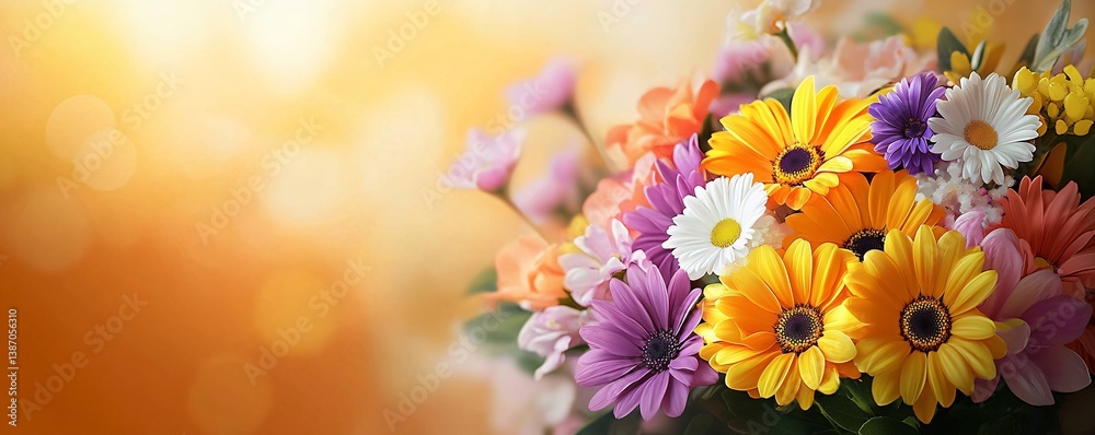 Fototapeta premium A vibrant bouquet of daisies and colorful flowers set against a warm gradient background. Perfect for spring banners, Mother's Day, and floral-themed promotions.