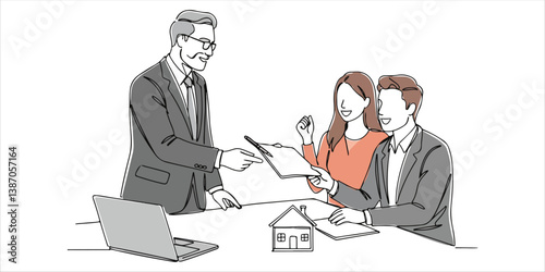 A real estate agent, mortgage broker, or financial adviser hands a pen to a young couple, signaling the final step in their negotiation process. Seated at a desk with a laptop, the clients.