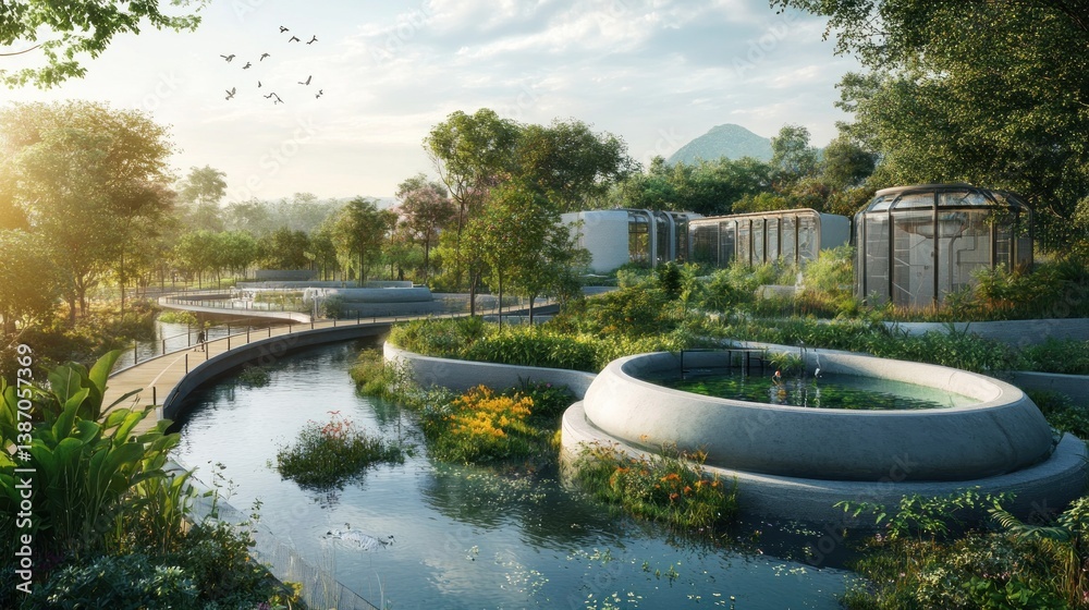Fototapeta premium Sustainable garden city sunrise eco-park design