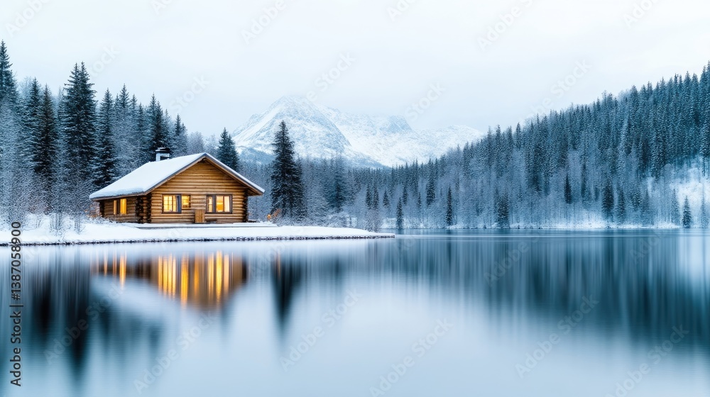 Fototapeta premium Cozy cabin nestled by a winter lake, snow-covered mountains in the background