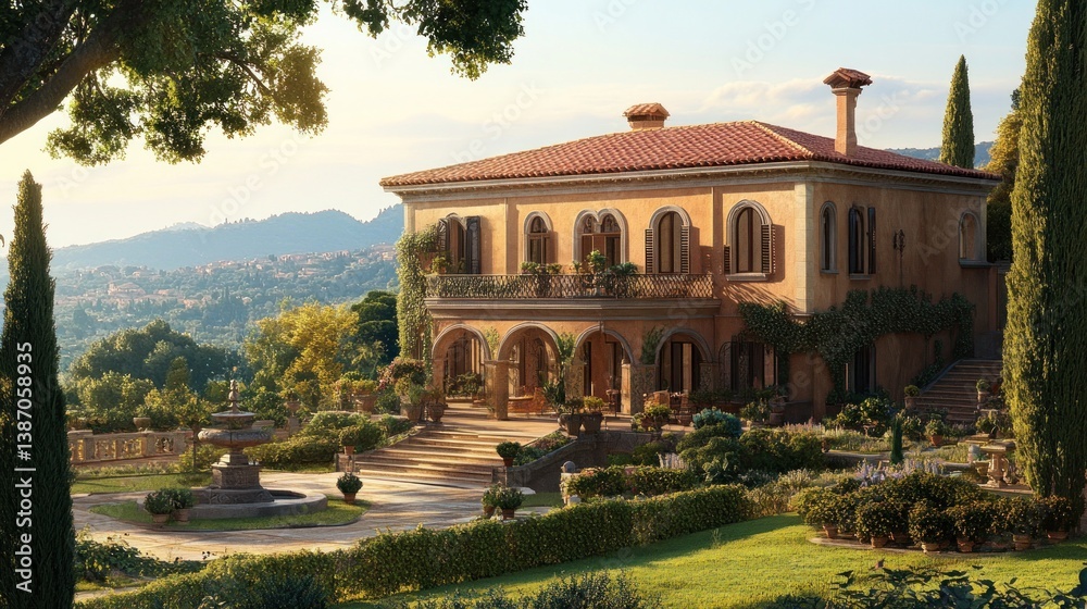 Naklejka premium Tuscan Villa Sunset Hilltop Garden Real Estate