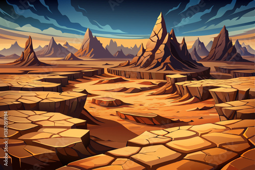 dramatic sunset over cracked earth. Desert landscape background, cartoon illustration