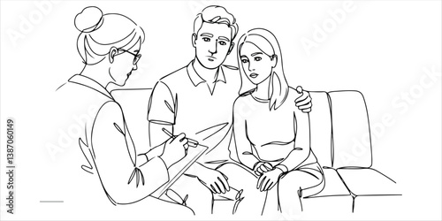 A closely cropped shot captures a psychologist attentively taking notes on a clipboard during a family therapy session. Across from them, a young married couple engages in the discussion