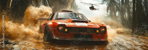 Vintage Rally Car Splashing Through Muddy Jungle Terrain with Helicopter Oversight photo