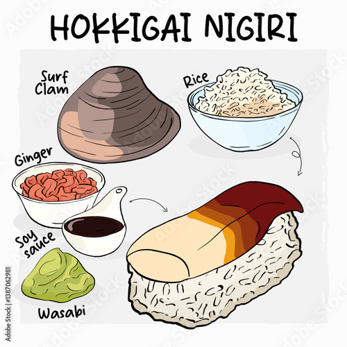 Hokkigai Nigiri Sushi Illustration Recipe with Ingredients