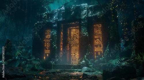 A mysterious alien ruins with ancient, glowing hieroglyphs and overgrown plants.