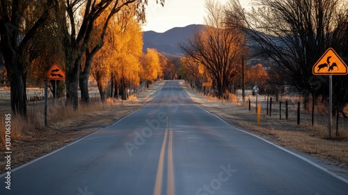A scenic road lined with trees and wildlife crossing signs