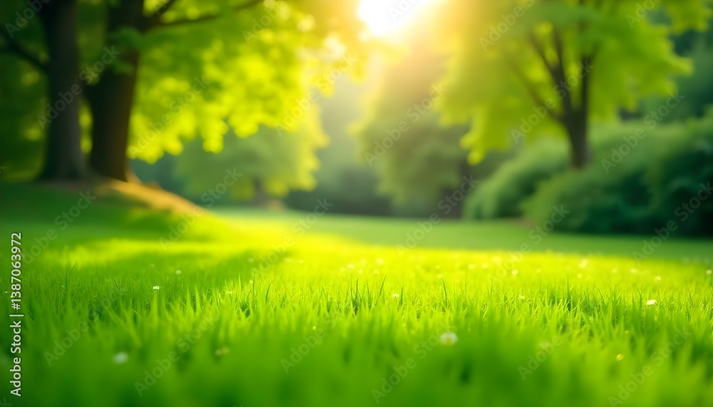 Obraz premium A picturesque landscape featuring a vibrant green lawn in the foreground, transitioning into a soft, blurred background of trees and foliage