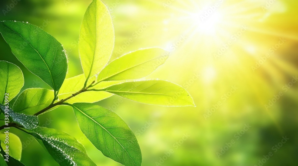 Obraz premium Green Leaves Illuminated by Sunlight in Nature Background