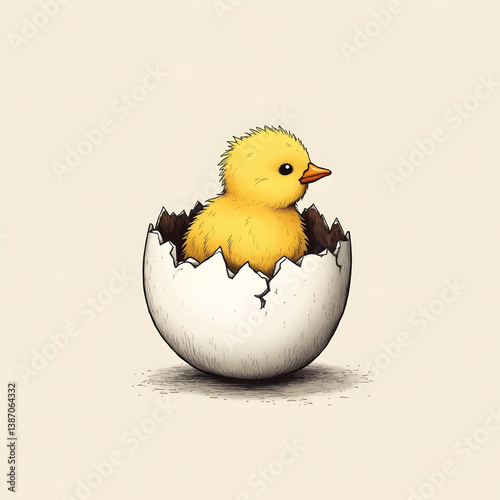 Minimalist ink wash logo of cute yellow chick emerging from cracked egg on light background